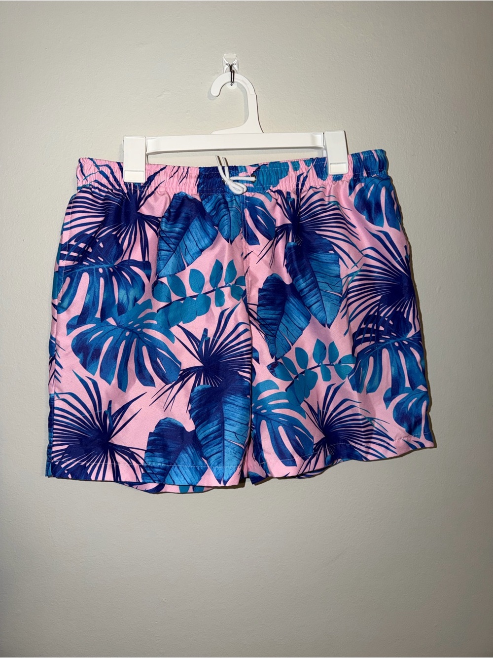 Men’s Pink Tropical Print Swim Trunks with Blue Leaf Pattern